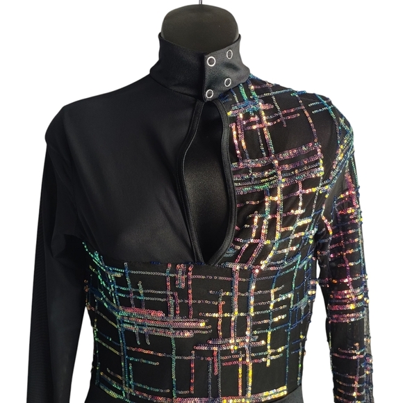 Weissman Dance Romper Sequin Black Mesh Long Sleeve Costume Adult Jazz Lyrical M - Picture 6 of 11